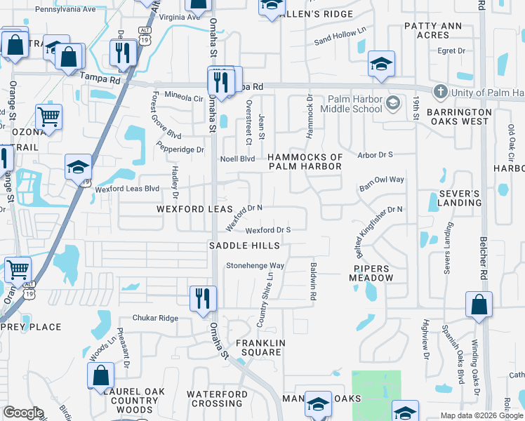 map of restaurants, bars, coffee shops, grocery stores, and more near 450 Oxford Road in Palm Harbor
