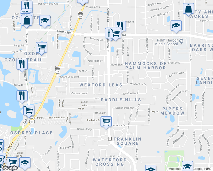 map of restaurants, bars, coffee shops, grocery stores, and more near 490 Fernshire Drive in Palm Harbor