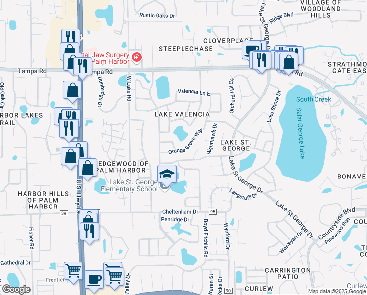 map of restaurants, bars, coffee shops, grocery stores, and more near 4655 Orange Grove Way in Palm Harbor