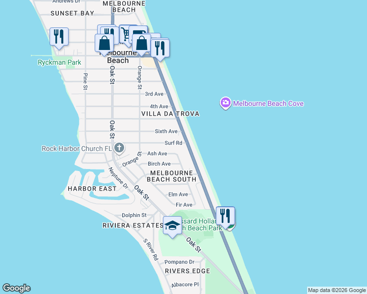 map of restaurants, bars, coffee shops, grocery stores, and more near 1700 Atlantic Street in Melbourne Beach