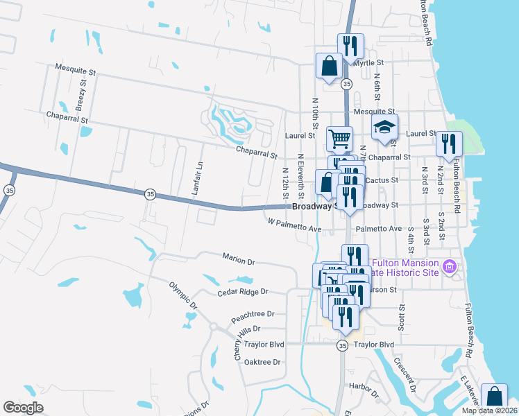 map of restaurants, bars, coffee shops, grocery stores, and more near 2955 Texas 35 in Rockport