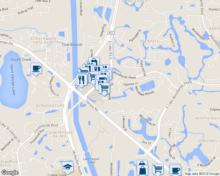 map of restaurants, bars, coffee shops, grocery stores, and more near 101 Pine Court in Oldsmar