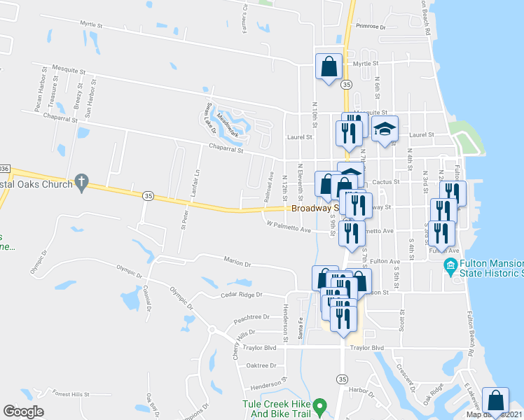 map of restaurants, bars, coffee shops, grocery stores, and more near 2701 Farm to Market Road 3036 in Rockport
