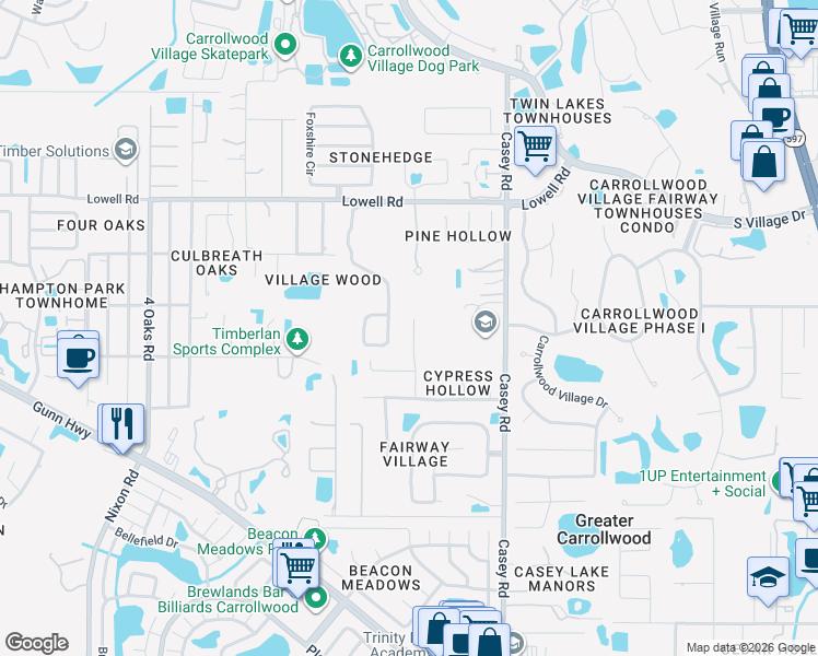 map of restaurants, bars, coffee shops, grocery stores, and more near 12212 Snead Place in Tampa