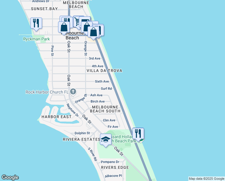 map of restaurants, bars, coffee shops, grocery stores, and more near in Melbourne Beach