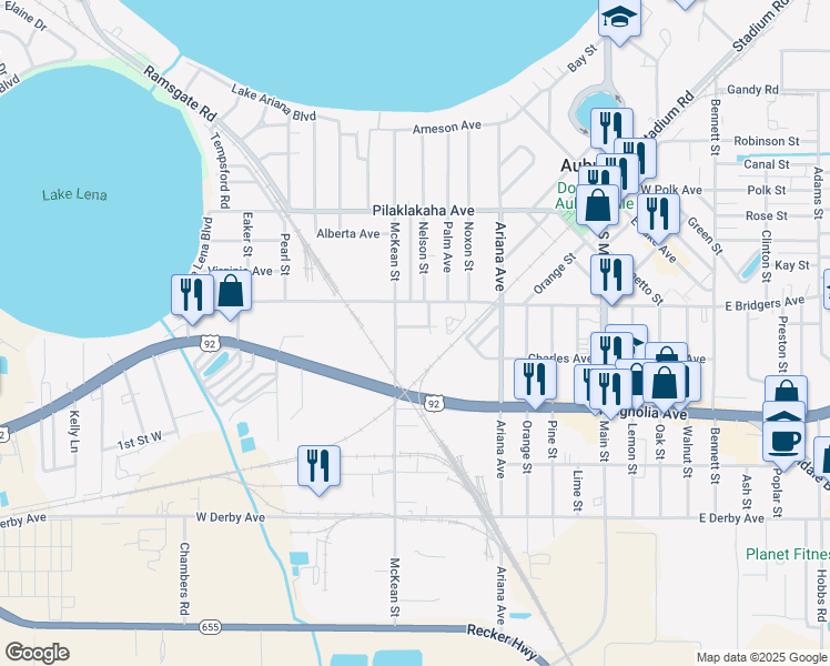 map of restaurants, bars, coffee shops, grocery stores, and more near 303 McKean Street in Auburndale