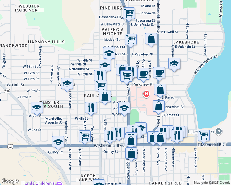 map of restaurants, bars, coffee shops, grocery stores, and more near 211 West 9th Street in Lakeland