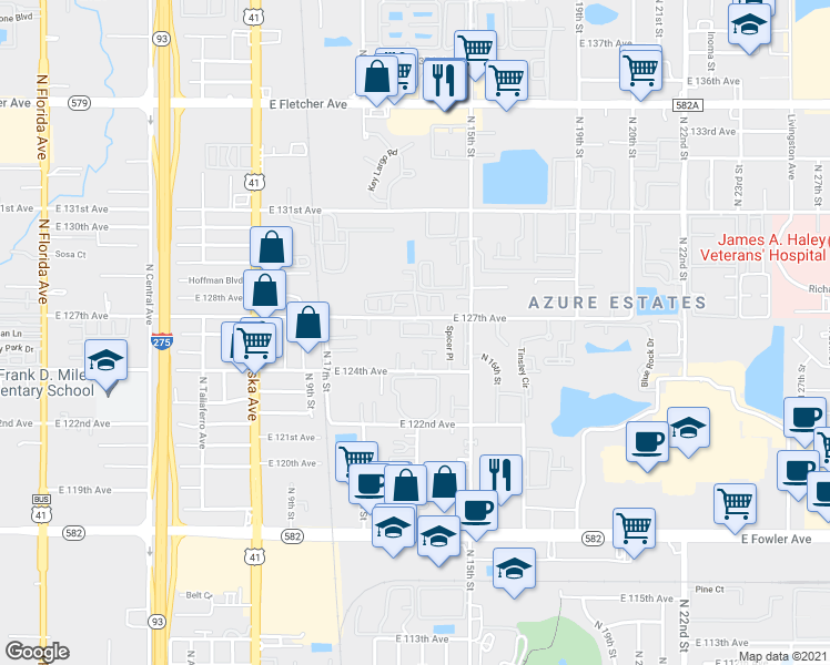 map of restaurants, bars, coffee shops, grocery stores, and more near 1407 East 127th Avenue in Tampa