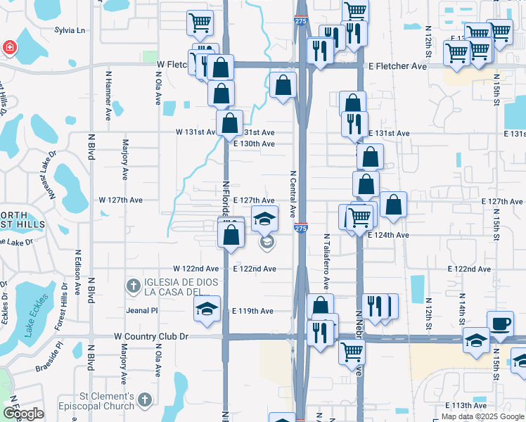 map of restaurants, bars, coffee shops, grocery stores, and more near 12405 Hibiscus Oak Place in Tampa