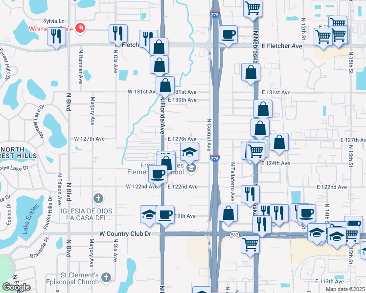 map of restaurants, bars, coffee shops, grocery stores, and more near 204 Poinsettia Pine Court in Tampa