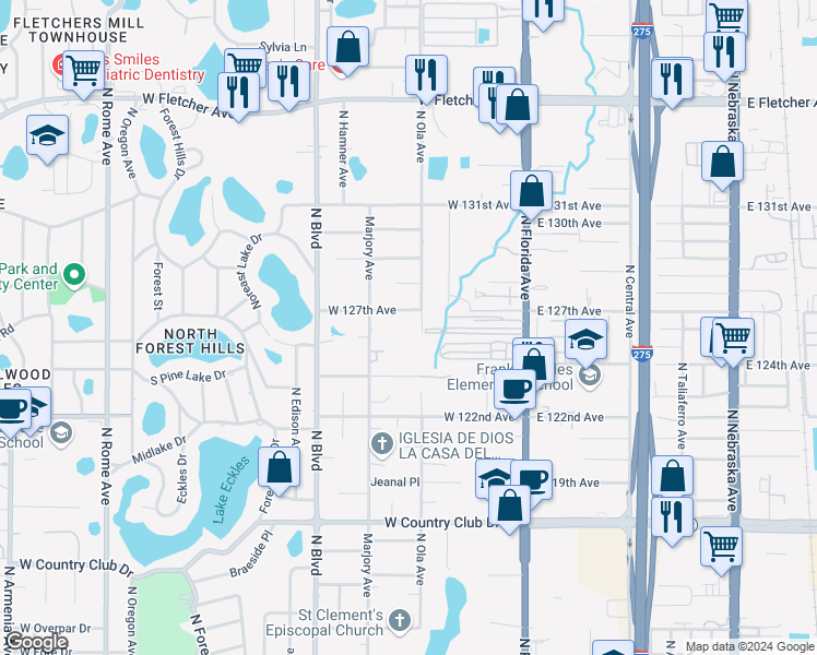 map of restaurants, bars, coffee shops, grocery stores, and more near 504 West 127th Avenue in Tampa