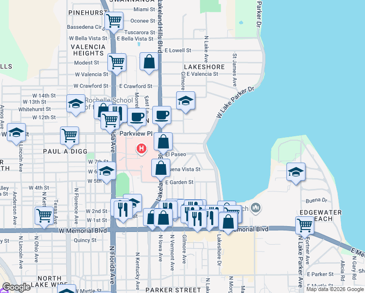 map of restaurants, bars, coffee shops, grocery stores, and more near 621 Tropical Way in Lakeland