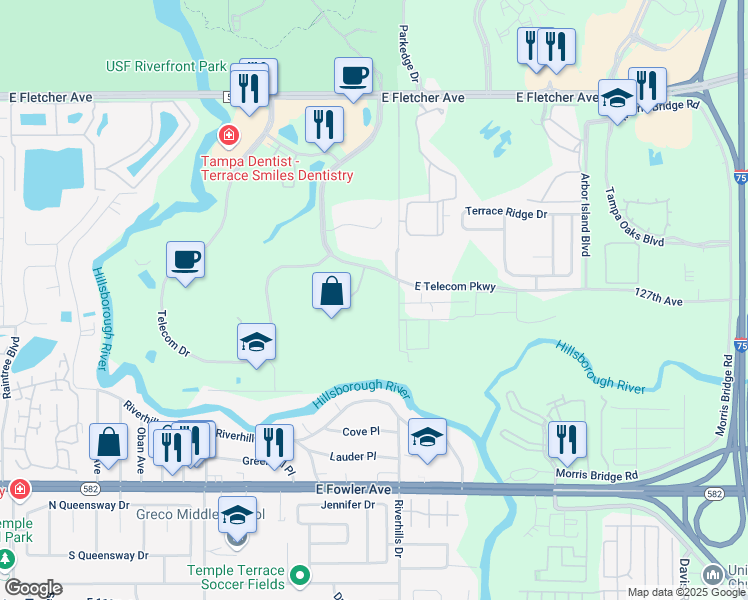 map of restaurants, bars, coffee shops, grocery stores, and more near 7701 East Telecom Parkway in Temple Terrace