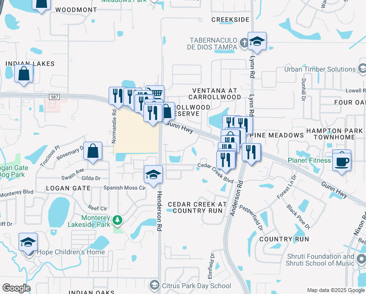 map of restaurants, bars, coffee shops, grocery stores, and more near 12736 Wood Trail Boulevard in Tampa