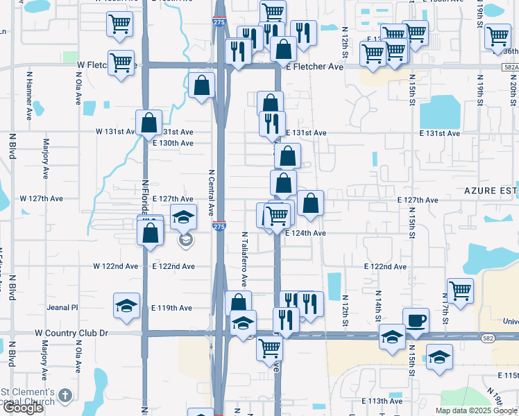 map of restaurants, bars, coffee shops, grocery stores, and more near 813 East 127th Avenue in Tampa