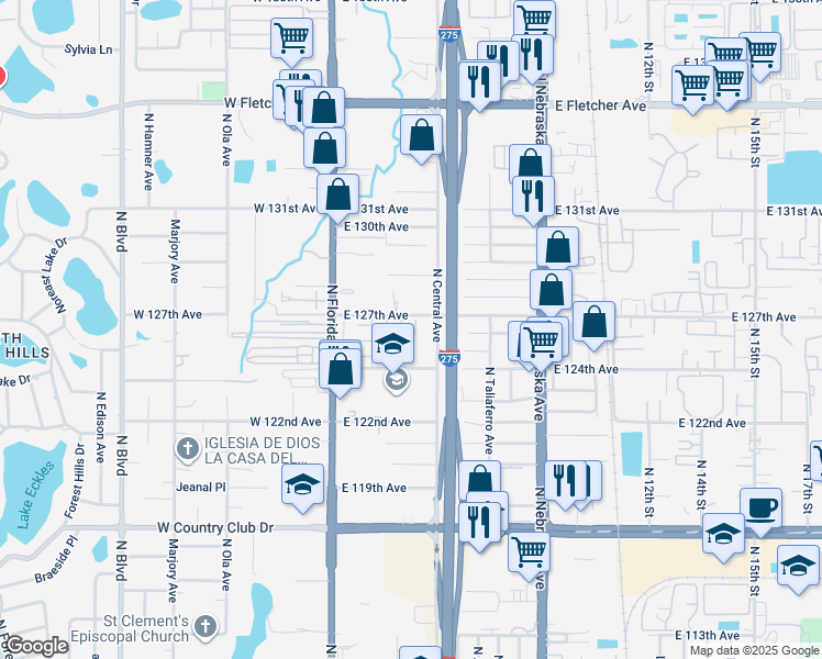 map of restaurants, bars, coffee shops, grocery stores, and more near 12405 Hibiscus Oak Place in Tampa