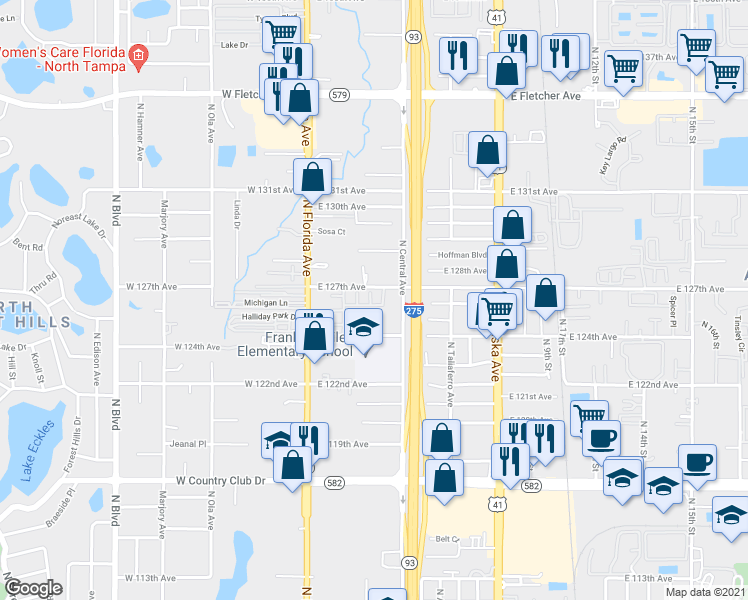 map of restaurants, bars, coffee shops, grocery stores, and more near 12405 Hibiscus Oak Place in Tampa