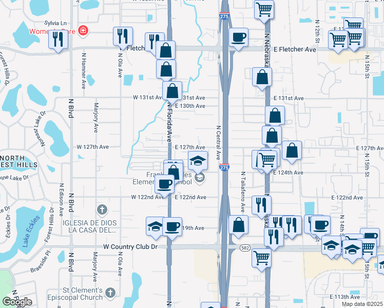 map of restaurants, bars, coffee shops, grocery stores, and more near 204 Poinsettia Pine Court in Tampa