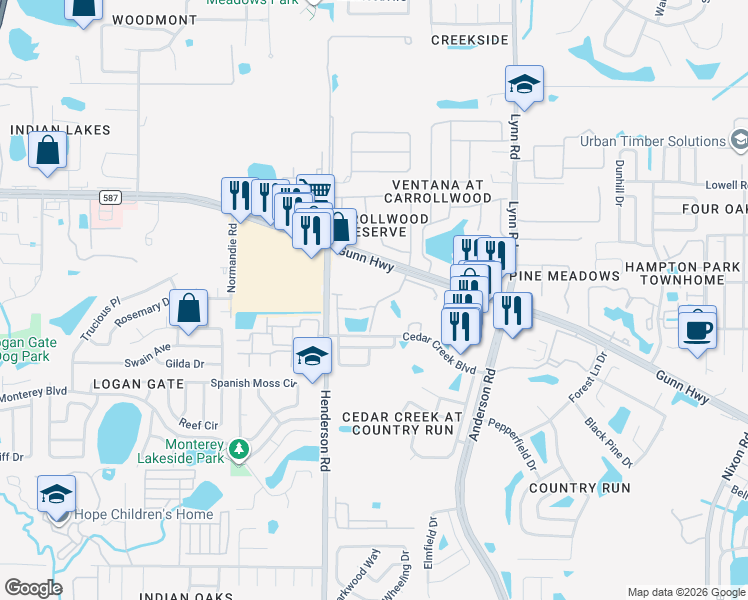 map of restaurants, bars, coffee shops, grocery stores, and more near 12736 Wood Trail Boulevard in Tampa