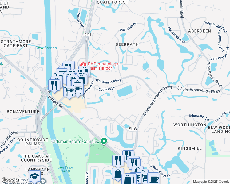 map of restaurants, bars, coffee shops, grocery stores, and more near 180 Cypress Lane in Oldsmar