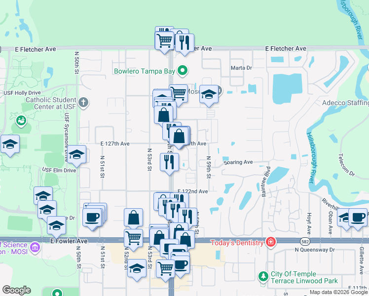 map of restaurants, bars, coffee shops, grocery stores, and more near 12611 Touchton Drive in Tampa