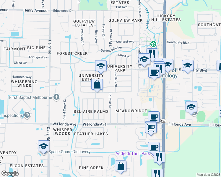 map of restaurants, bars, coffee shops, grocery stores, and more near 408 West Rutgers Street in Melbourne
