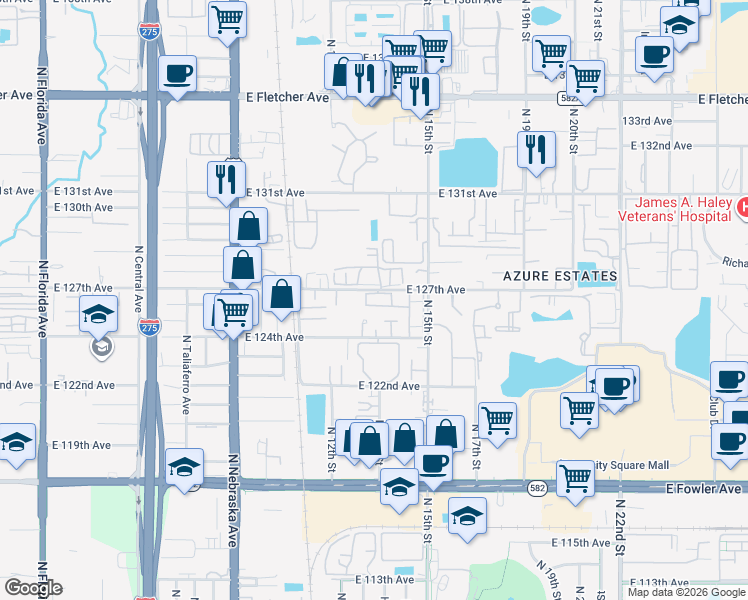 map of restaurants, bars, coffee shops, grocery stores, and more near 1307 East 127th Avenue in Tampa