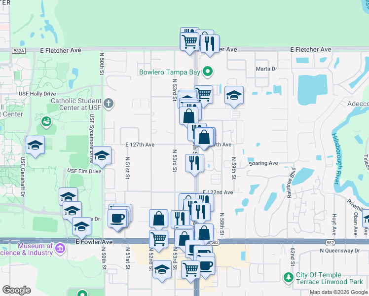 map of restaurants, bars, coffee shops, grocery stores, and more near 5305 East 127th Avenue in Tampa