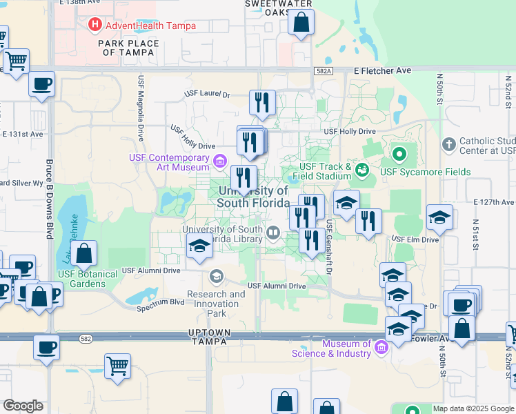 map of restaurants, bars, coffee shops, grocery stores, and more near 12100 Leroy Collins Boulevard in Tampa