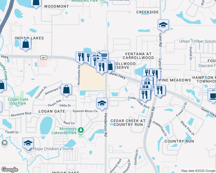map of restaurants, bars, coffee shops, grocery stores, and more near 12752 Country Brook Lane in Tampa