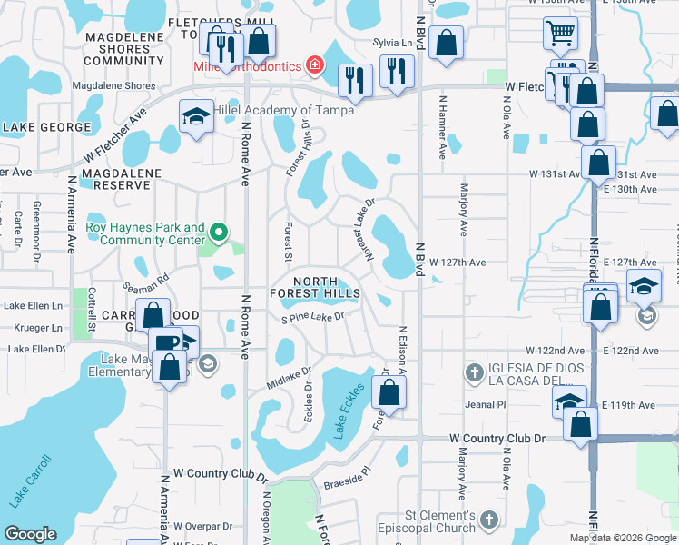 map of restaurants, bars, coffee shops, grocery stores, and more near 12510 Forest Hills Drive in Tampa