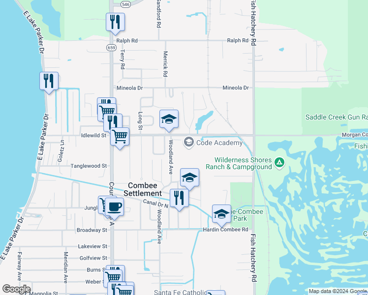 map of restaurants, bars, coffee shops, grocery stores, and more near 2805 Morgan Combee Road in Lakeland