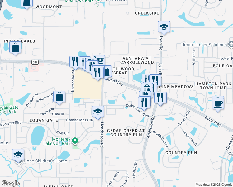 map of restaurants, bars, coffee shops, grocery stores, and more near 12736 Wood Trail Boulevard in Tampa