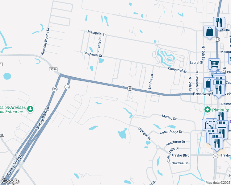 map of restaurants, bars, coffee shops, grocery stores, and more near 1902 Farm to Market Road 3036 in Rockport
