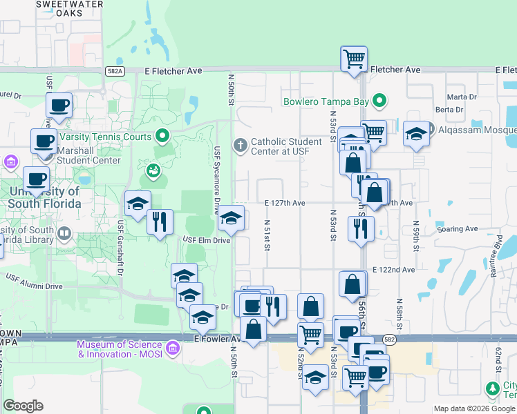 map of restaurants, bars, coffee shops, grocery stores, and more near 5017 East 127th Avenue in Temple Terrace