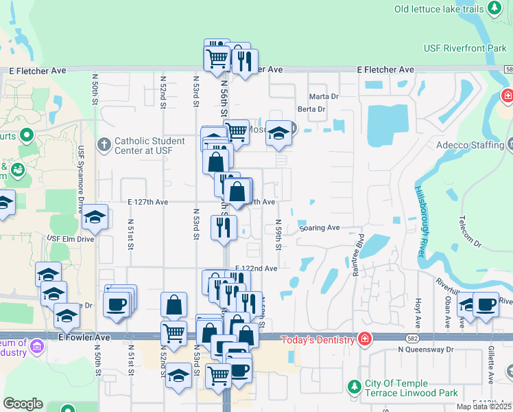 map of restaurants, bars, coffee shops, grocery stores, and more near 12780 North 57th Street in Tampa