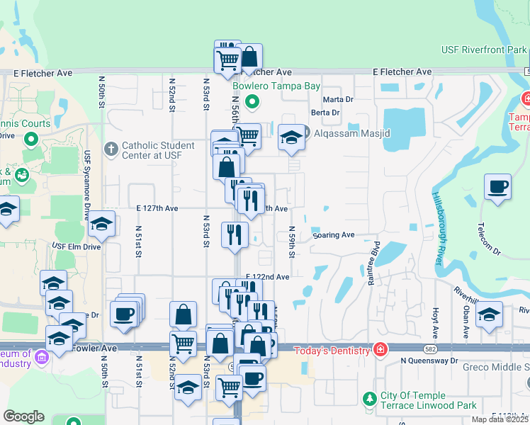 map of restaurants, bars, coffee shops, grocery stores, and more near 12780 North 57th Street in Tampa