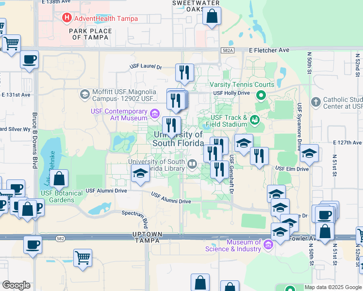 map of restaurants, bars, coffee shops, grocery stores, and more near Leroy Collins Blvd in Tampa