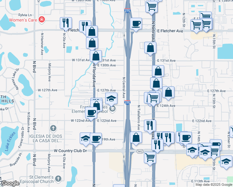 map of restaurants, bars, coffee shops, grocery stores, and more near 12405 Hibiscus Oak Place in Tampa