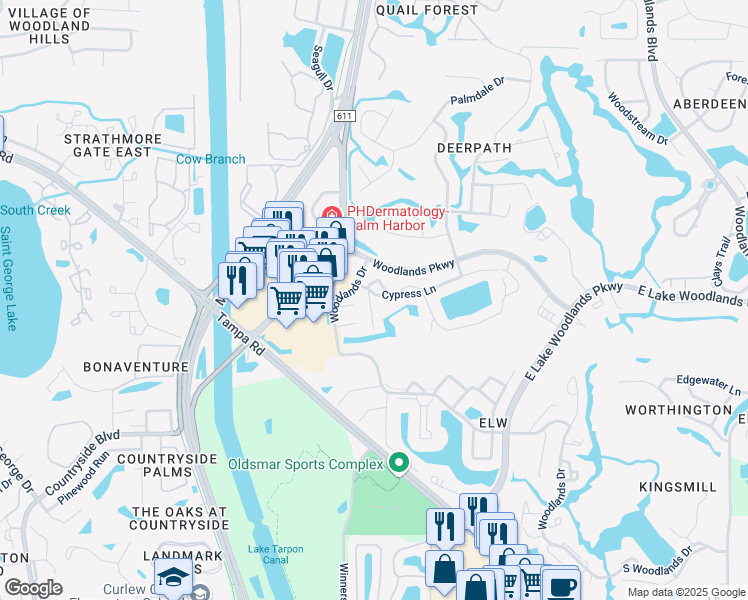 map of restaurants, bars, coffee shops, grocery stores, and more near 110 Cypress Court in Oldsmar