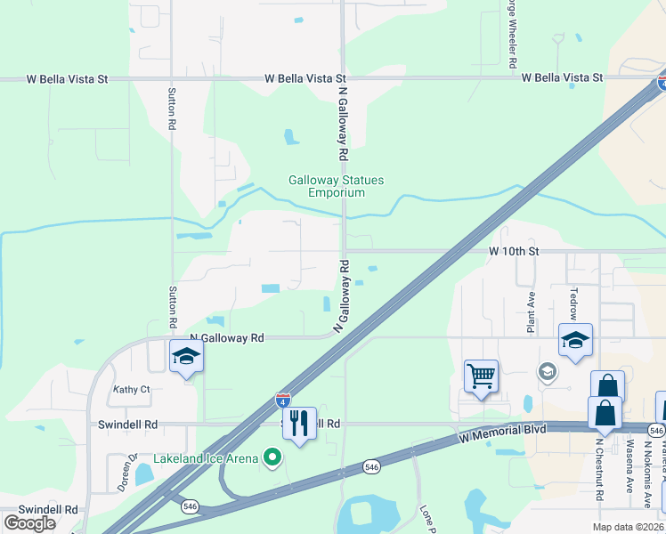 map of restaurants, bars, coffee shops, grocery stores, and more near 1342 North Galloway Road in Lakeland