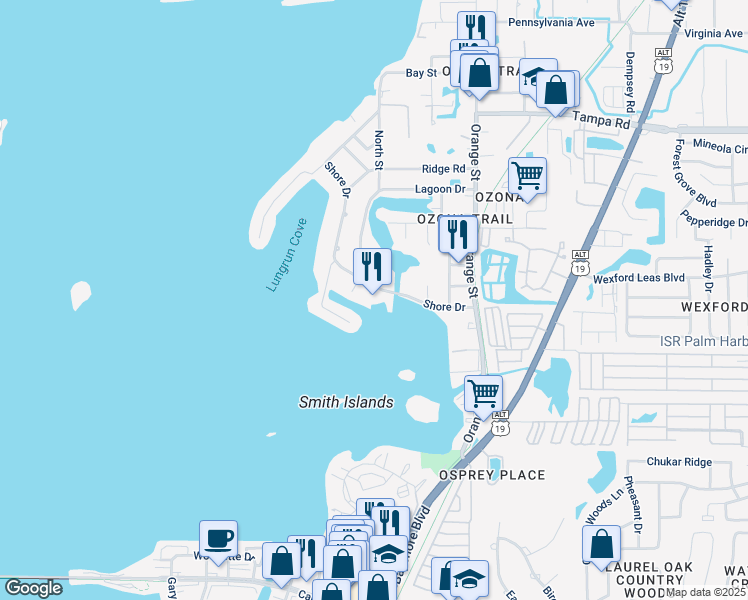 map of restaurants, bars, coffee shops, grocery stores, and more near 139 Shore Drive in Palm Harbor