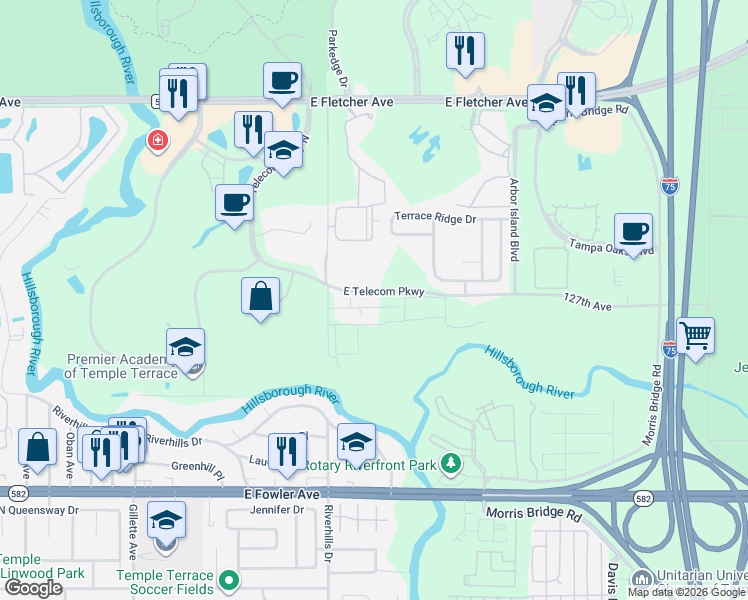 map of restaurants, bars, coffee shops, grocery stores, and more near 7802 East Telecom Parkway in Temple Terrace