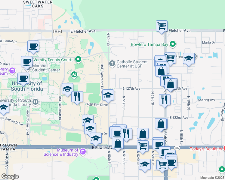 map of restaurants, bars, coffee shops, grocery stores, and more near 5041 Sunridge Palms Drive in Tampa