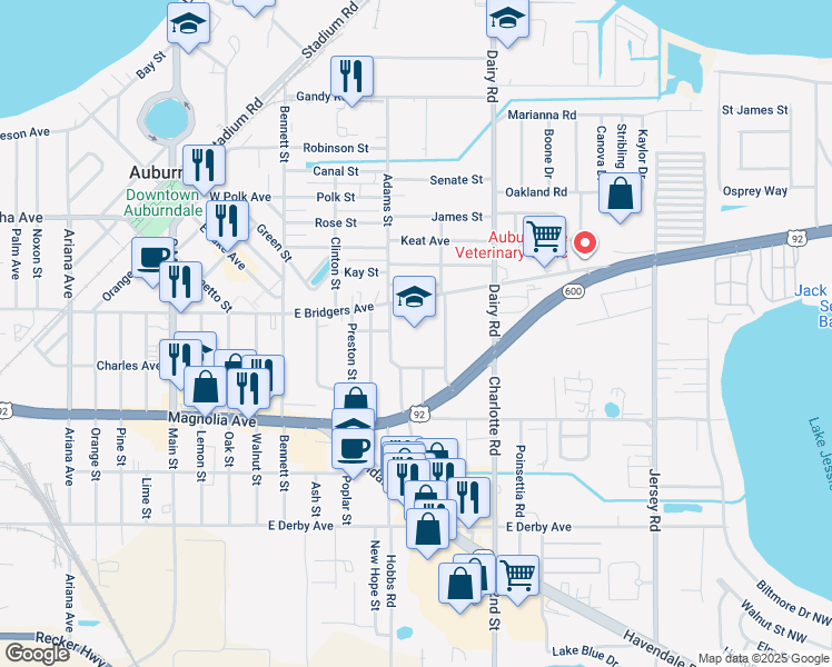 map of restaurants, bars, coffee shops, grocery stores, and more near 300 East Bridgers Avenue in Auburndale