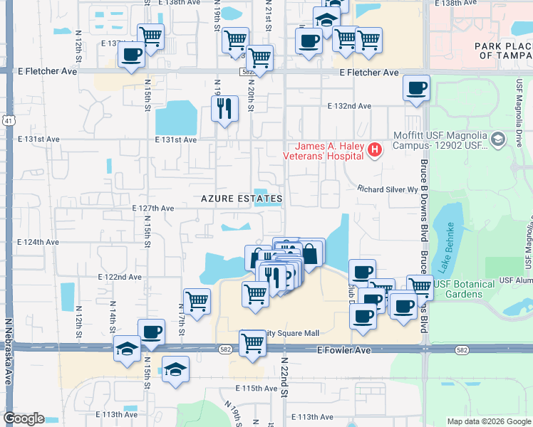 map of restaurants, bars, coffee shops, grocery stores, and more near 12250 N 22nd St in Tampa