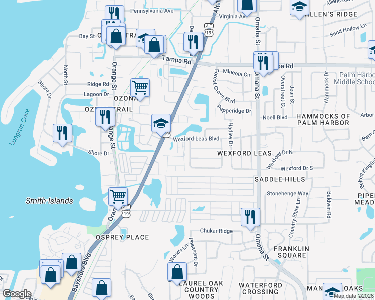 map of restaurants, bars, coffee shops, grocery stores, and more near 456 Thanington Close in Palm Harbor