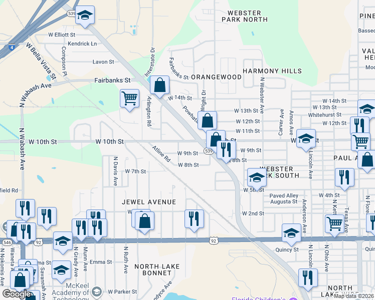 map of restaurants, bars, coffee shops, grocery stores, and more near 1314 West 10th Street in Lakeland