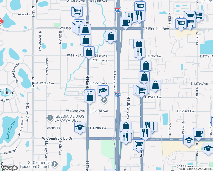 map of restaurants, bars, coffee shops, grocery stores, and more near 12405 Hibiscus Oak Place in Tampa