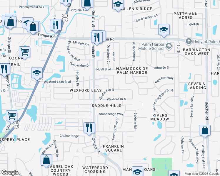map of restaurants, bars, coffee shops, grocery stores, and more near 450 Oxford Road in Palm Harbor